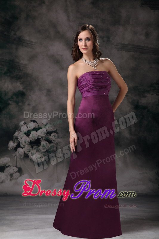 Beaded and Ruched Long Prom Evening Dress Strapless in Purple