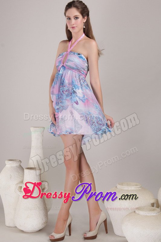 Halter Printing Multi-color Backless Mini Prom Dress for Wholesale