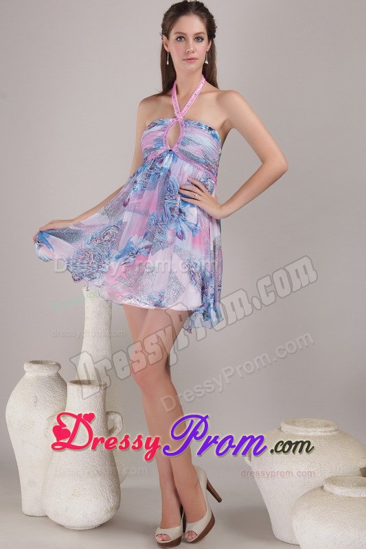 Halter Printing Multi-color Backless Mini Prom Dress for Wholesale