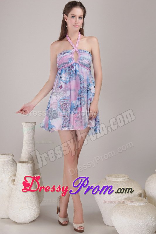 Halter Printing Multi-color Backless Mini Prom Dress for Wholesale