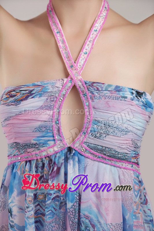 Halter Printing Multi-color Backless Mini Prom Dress for Wholesale