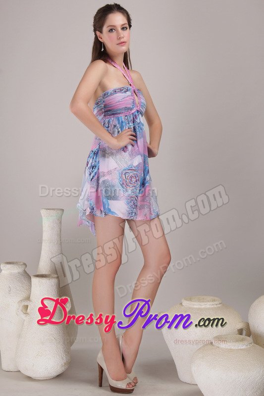 Halter Printing Multi-color Backless Mini Prom Dress for Wholesale