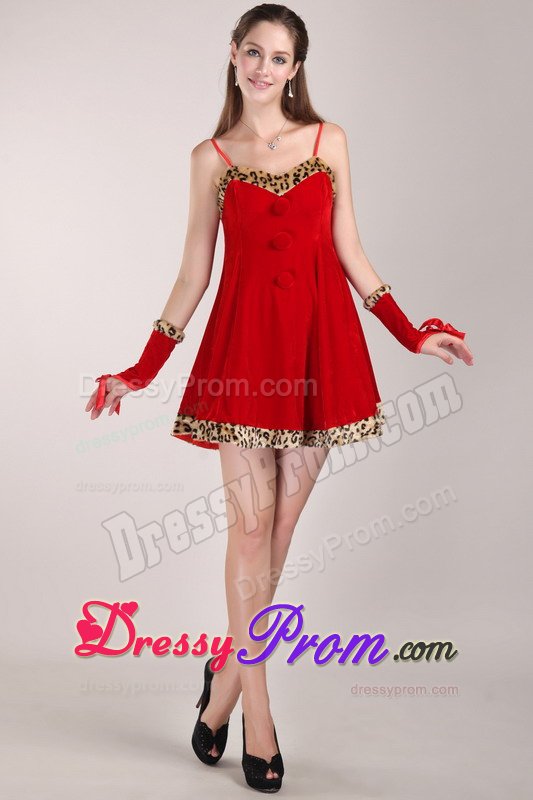 Spaghetti Straps Red Mini Prom Party Dress with Leopard Print