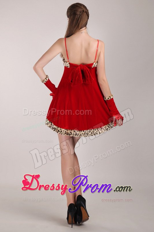 Spaghetti Straps Red Mini Prom Party Dress with Leopard Print