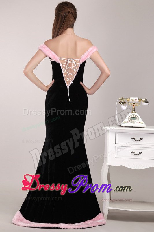 Off-the-shoulder Black and Pink Prom Gown Dress with Sash