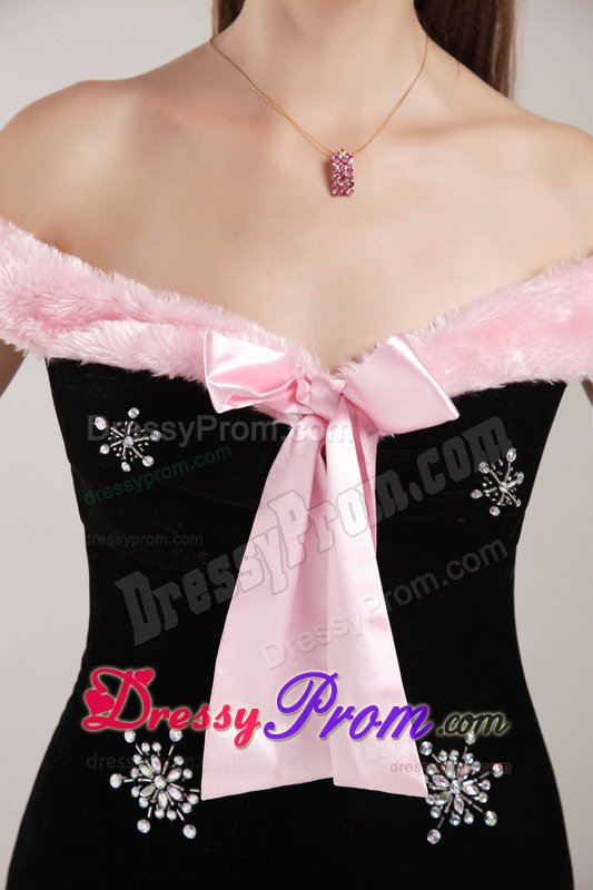 Off-the-shoulder Black and Pink Prom Gown Dress with Sash