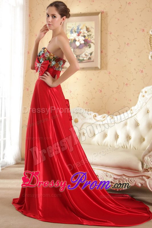 Court Train Sweetheart Red Prom Dress with Bowknot and Paillette