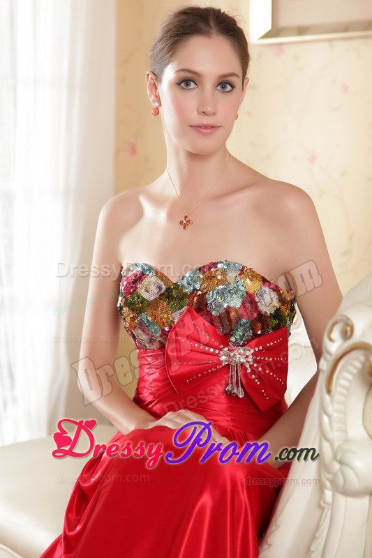 Court Train Sweetheart Red Prom Dress with Bowknot and Paillette