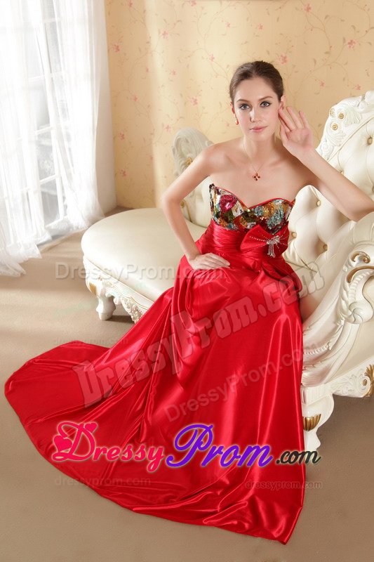 Court Train Sweetheart Red Prom Dress with Bowknot and Paillette