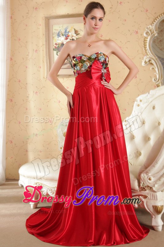 Court Train Sweetheart Red Prom Dress with Bowknot and Paillette