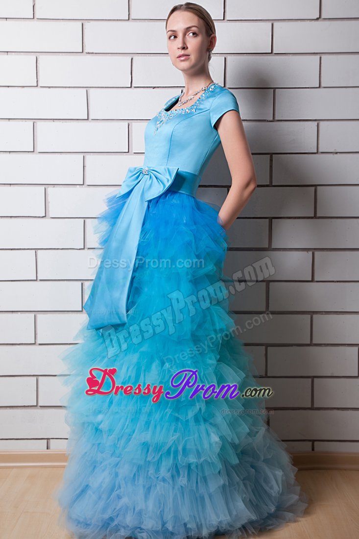 Blue Prom Holiday Dress Beading Square Neck with Big Bowknot
