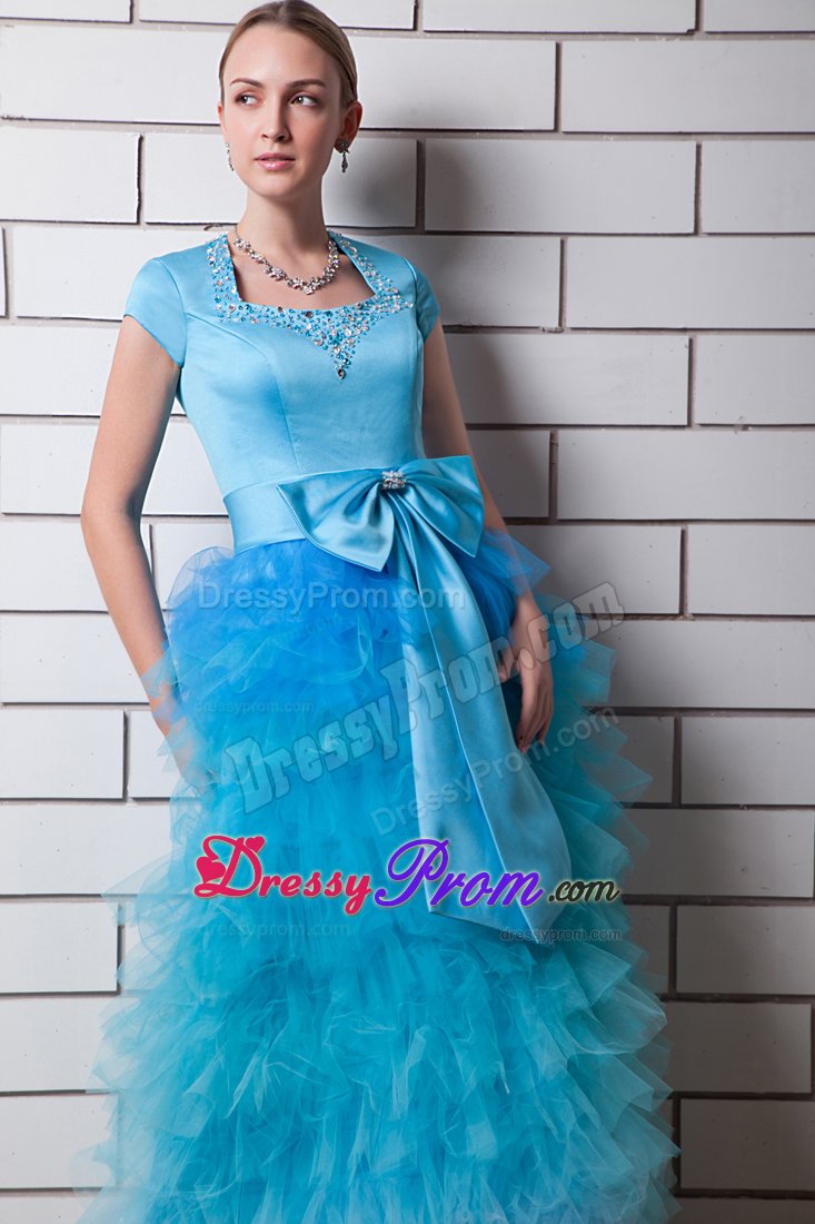 Blue Prom Holiday Dress Beading Square Neck with Big Bowknot