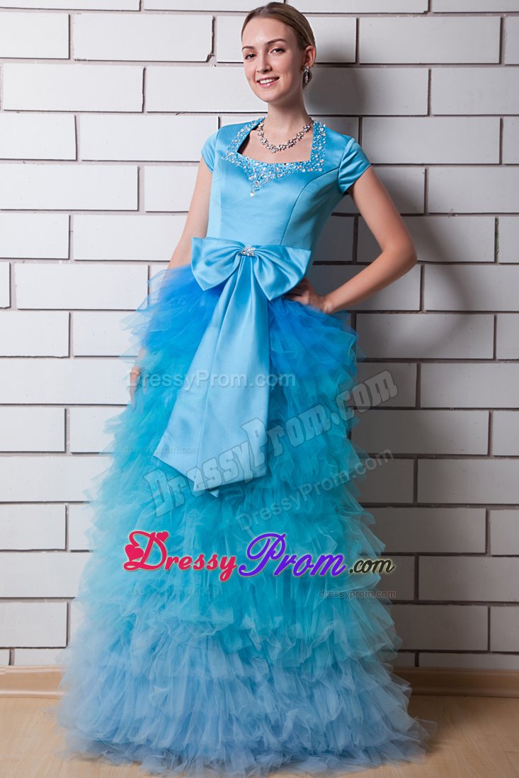 Blue Prom Holiday Dress Beading Square Neck with Big Bowknot