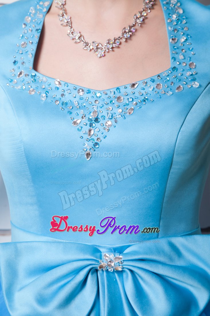 Blue Prom Holiday Dress Beading Square Neck with Big Bowknot