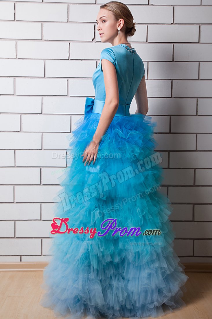 Blue Prom Holiday Dress Beading Square Neck with Big Bowknot