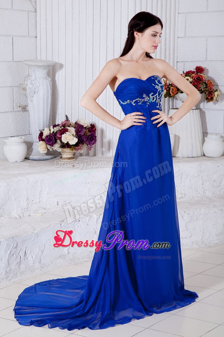 Recommended Sweetheart Appliqued Blue Prom Dress Brush Train
