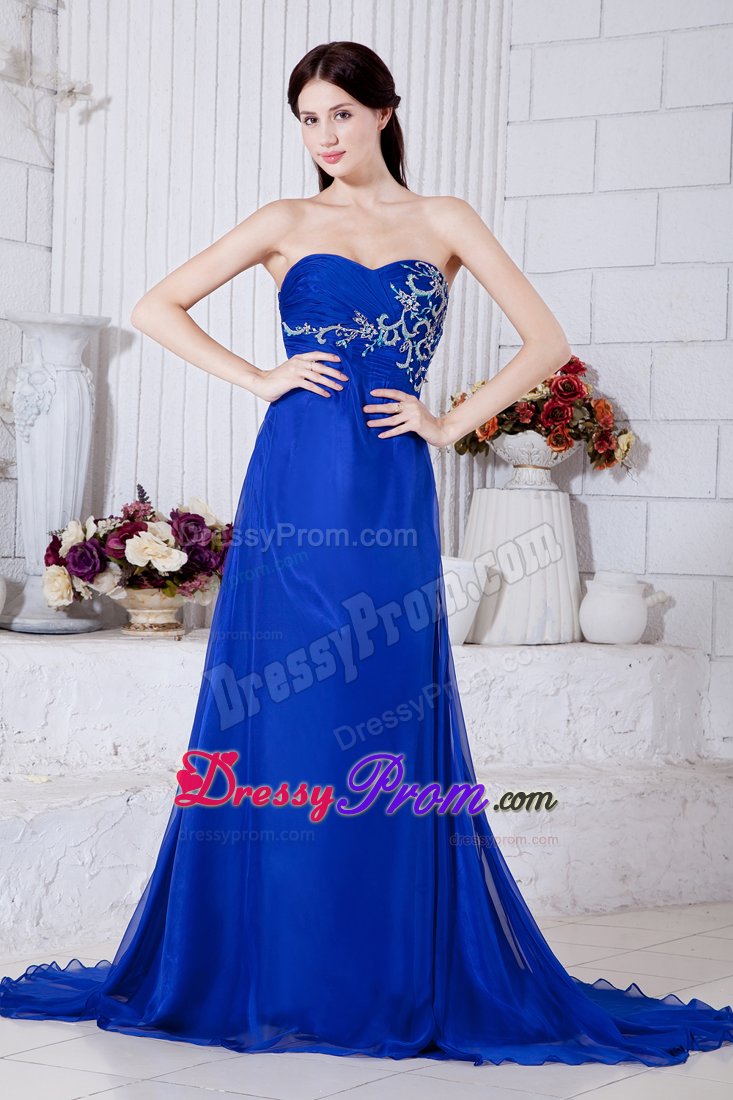 Recommended Sweetheart Appliqued Blue Prom Dress Brush Train