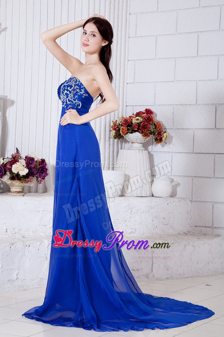 Recommended Sweetheart Appliqued Blue Prom Dress Brush Train