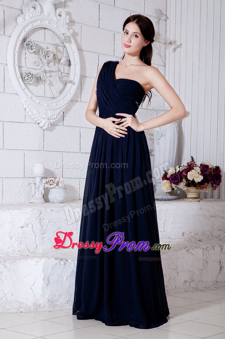 Stylish Beaded One Shoulder Chiffon Prom Formal Dress Navy Blue
