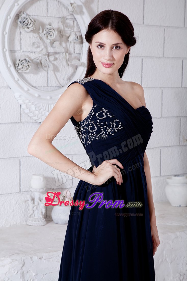 Stylish Beaded One Shoulder Chiffon Prom Formal Dress Navy Blue