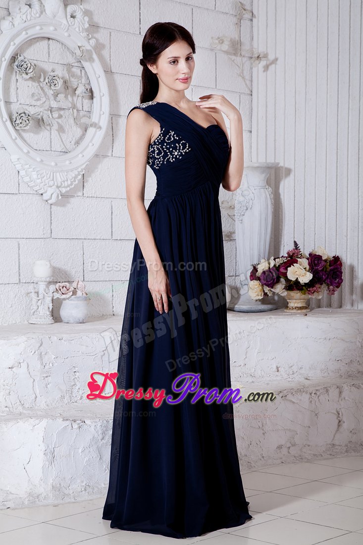 Stylish Beaded One Shoulder Chiffon Prom Formal Dress Navy Blue