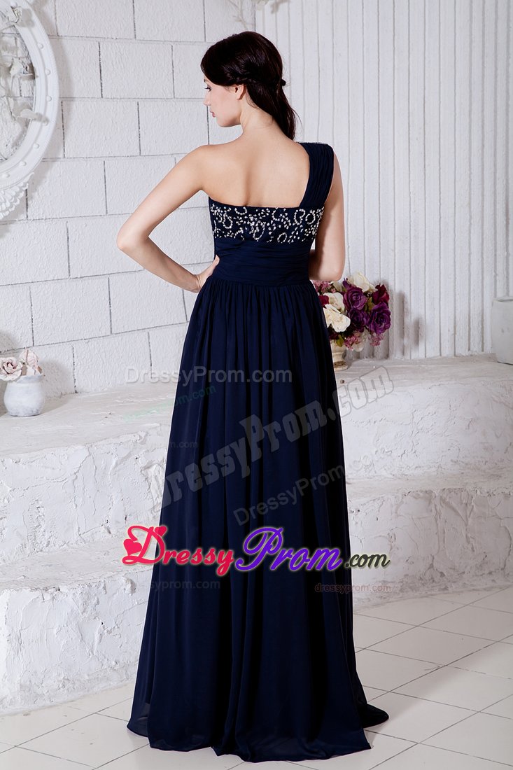 Stylish Beaded One Shoulder Chiffon Prom Formal Dress Navy Blue