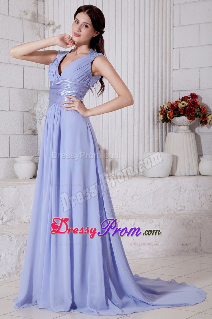 Nifty Lilac Chiffon Beaded V-neck Prom Gown Dress Sweep Train