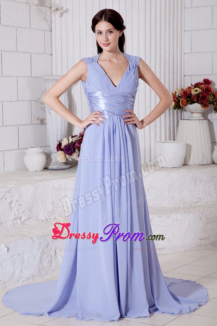 Nifty Lilac Chiffon Beaded V-neck Prom Gown Dress Sweep Train