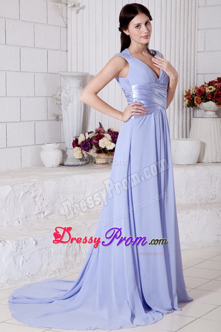 Nifty Lilac Chiffon Beaded V-neck Prom Gown Dress Sweep Train
