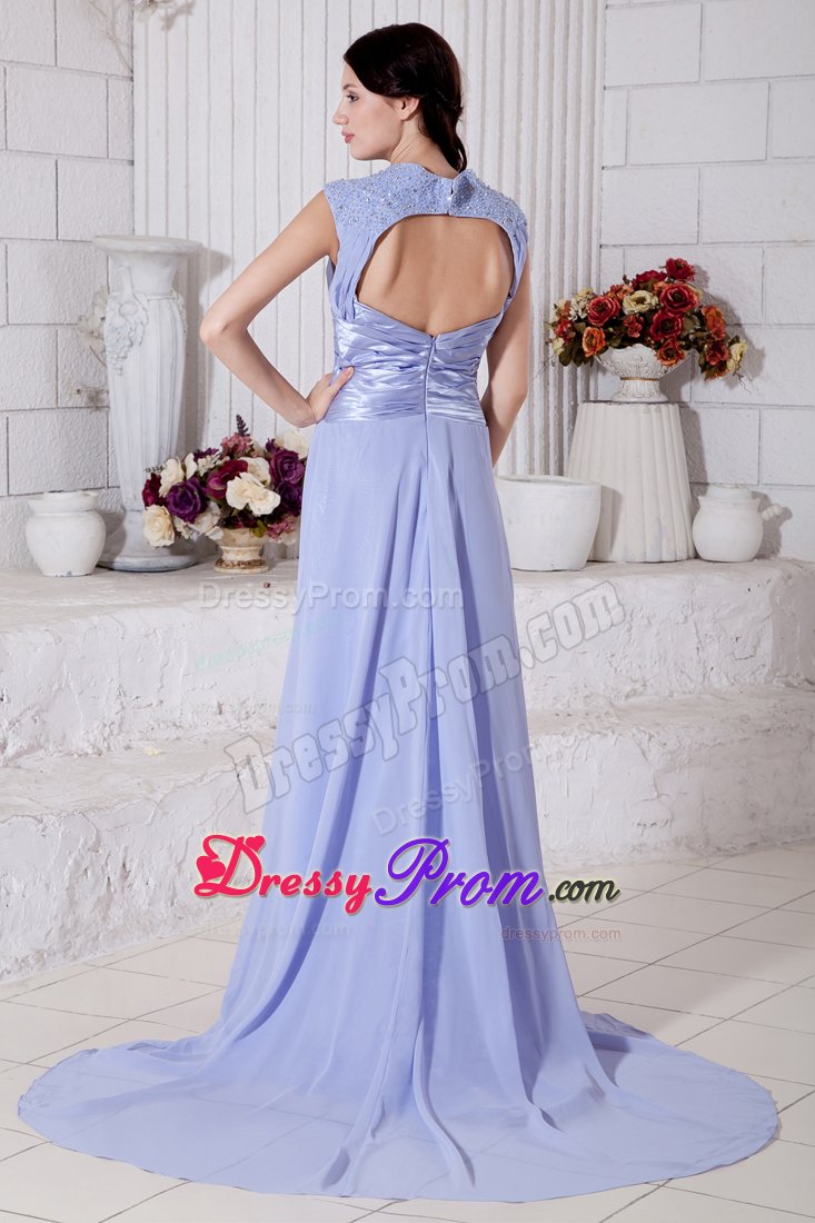 Nifty Lilac Chiffon Beaded V-neck Prom Gown Dress Sweep Train