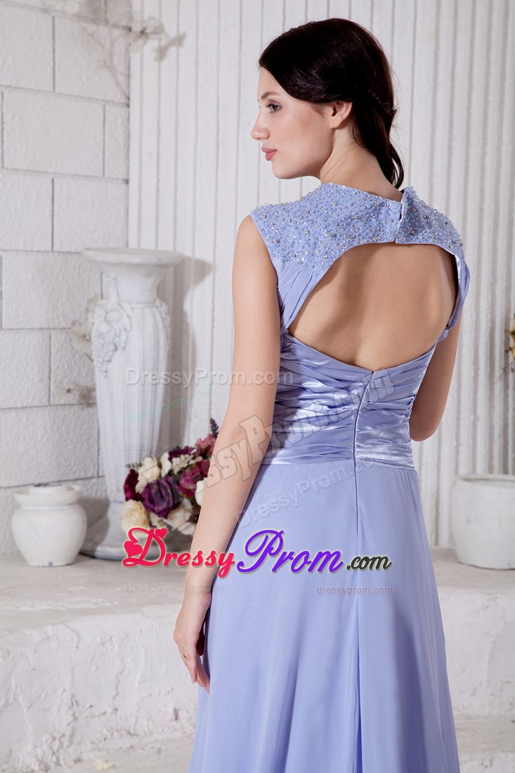 Nifty Lilac Chiffon Beaded V-neck Prom Gown Dress Sweep Train