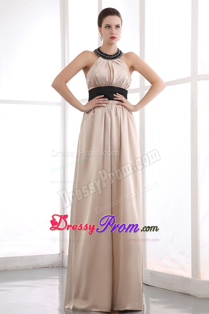 Taffeta Floor-length Prom Dress Beaded Halter Top with Black Sash