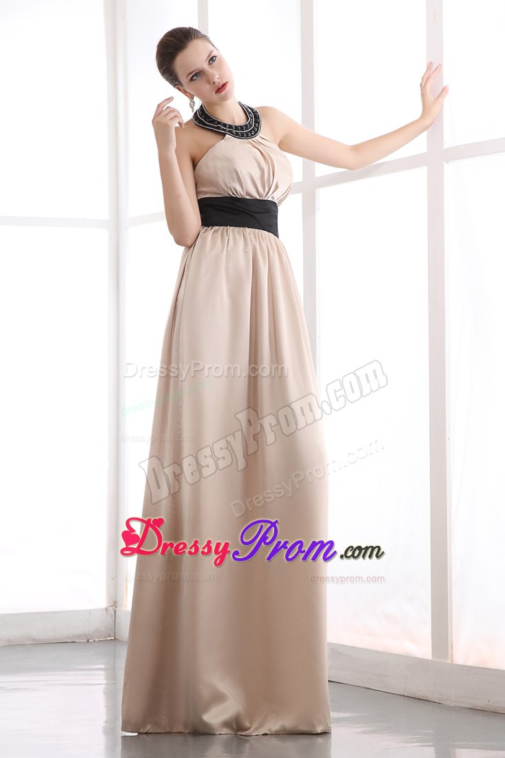 Taffeta Floor-length Prom Dress Beaded Halter Top with Black Sash
