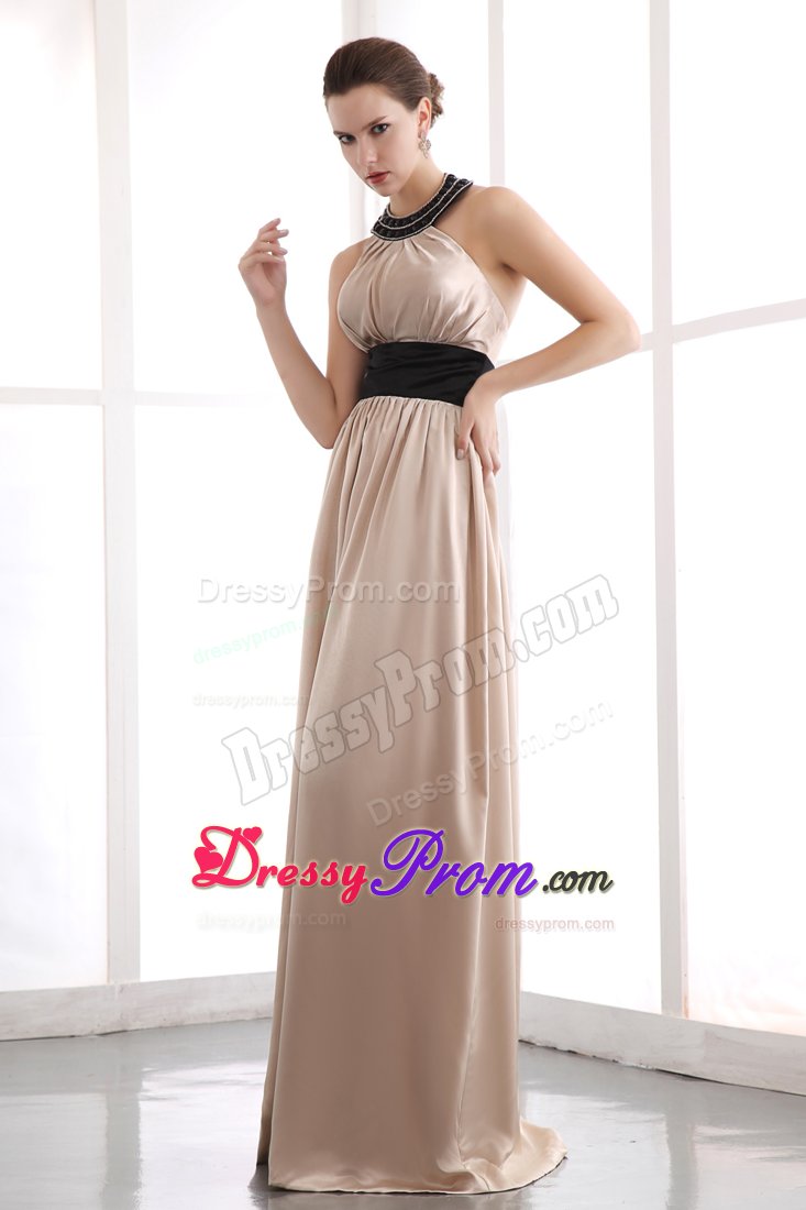 Taffeta Floor-length Prom Dress Beaded Halter Top with Black Sash