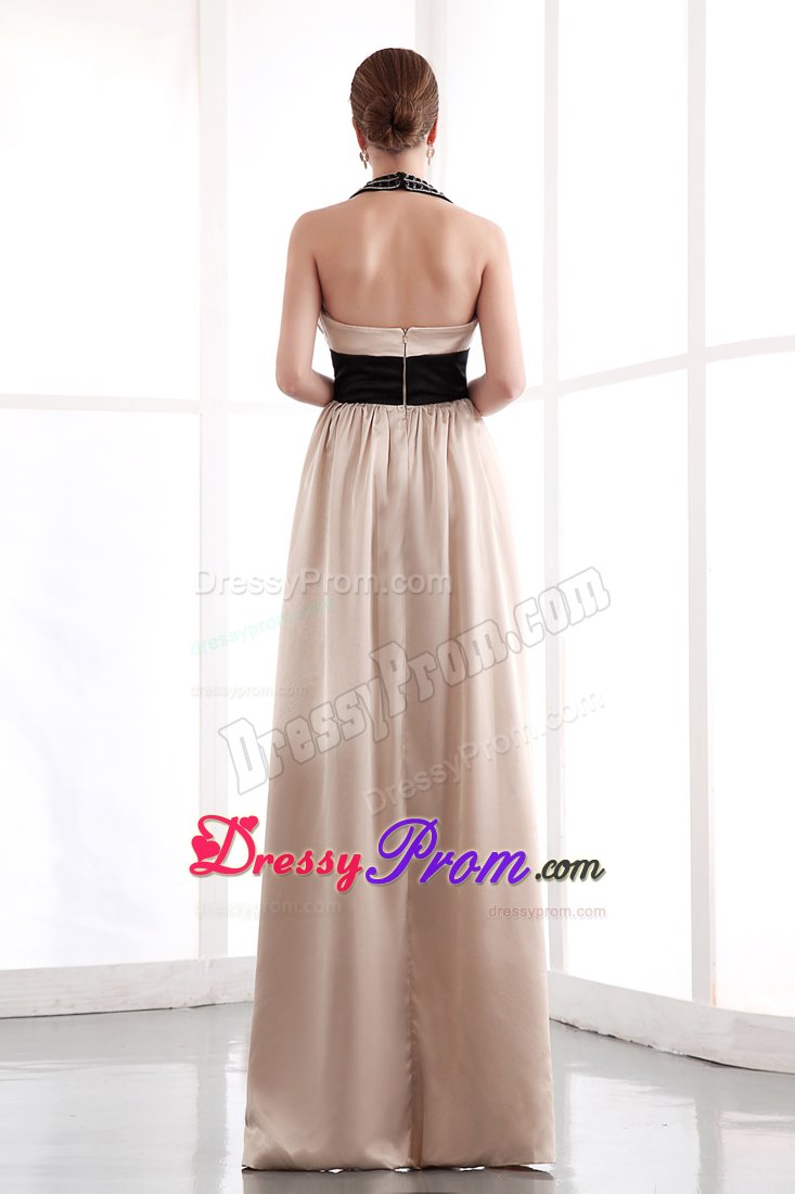 Taffeta Floor-length Prom Dress Beaded Halter Top with Black Sash
