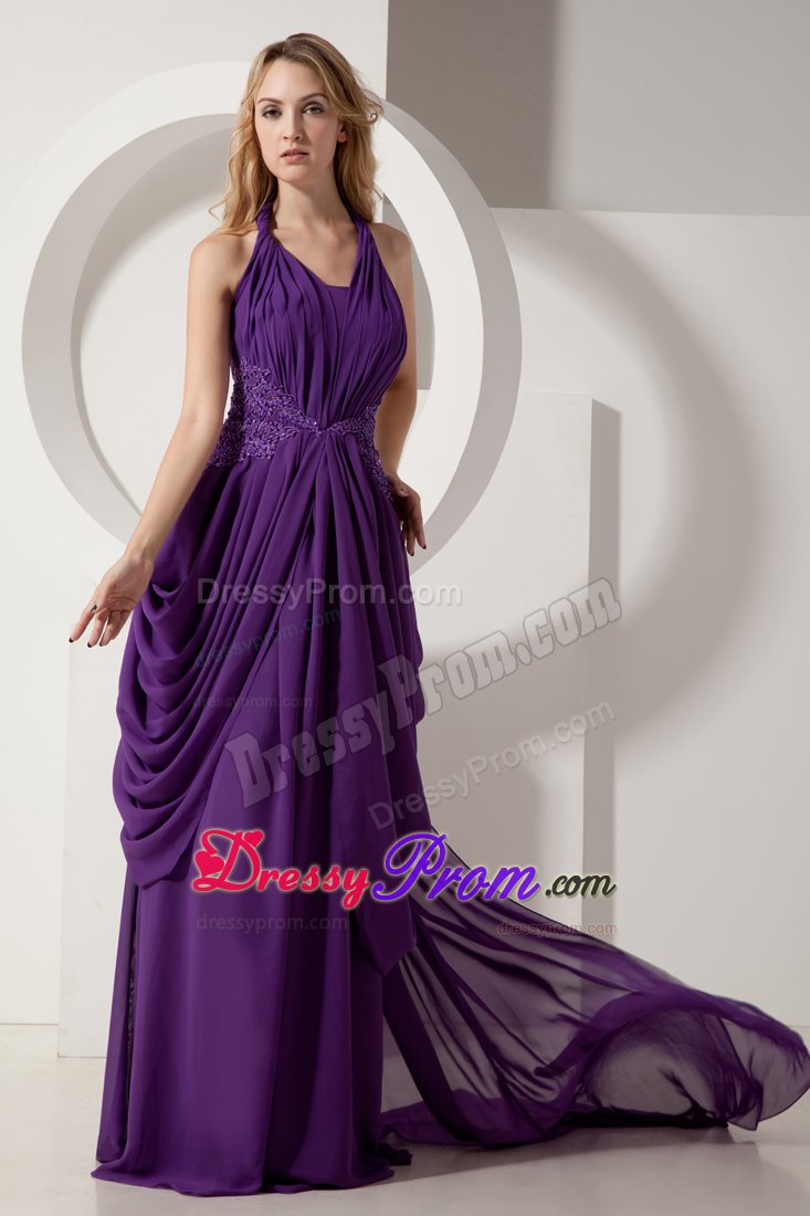 Purple Halter Top Prom Cocktail Dress Court Train with Cool Back