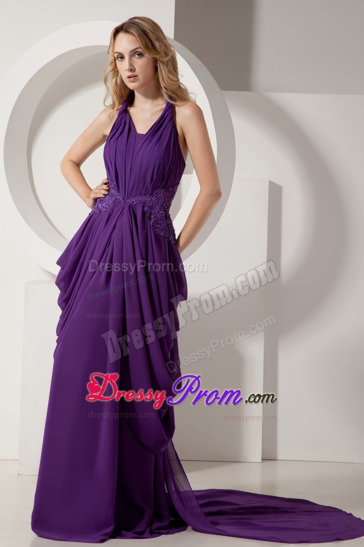 Purple Halter Top Prom Cocktail Dress Court Train with Cool Back