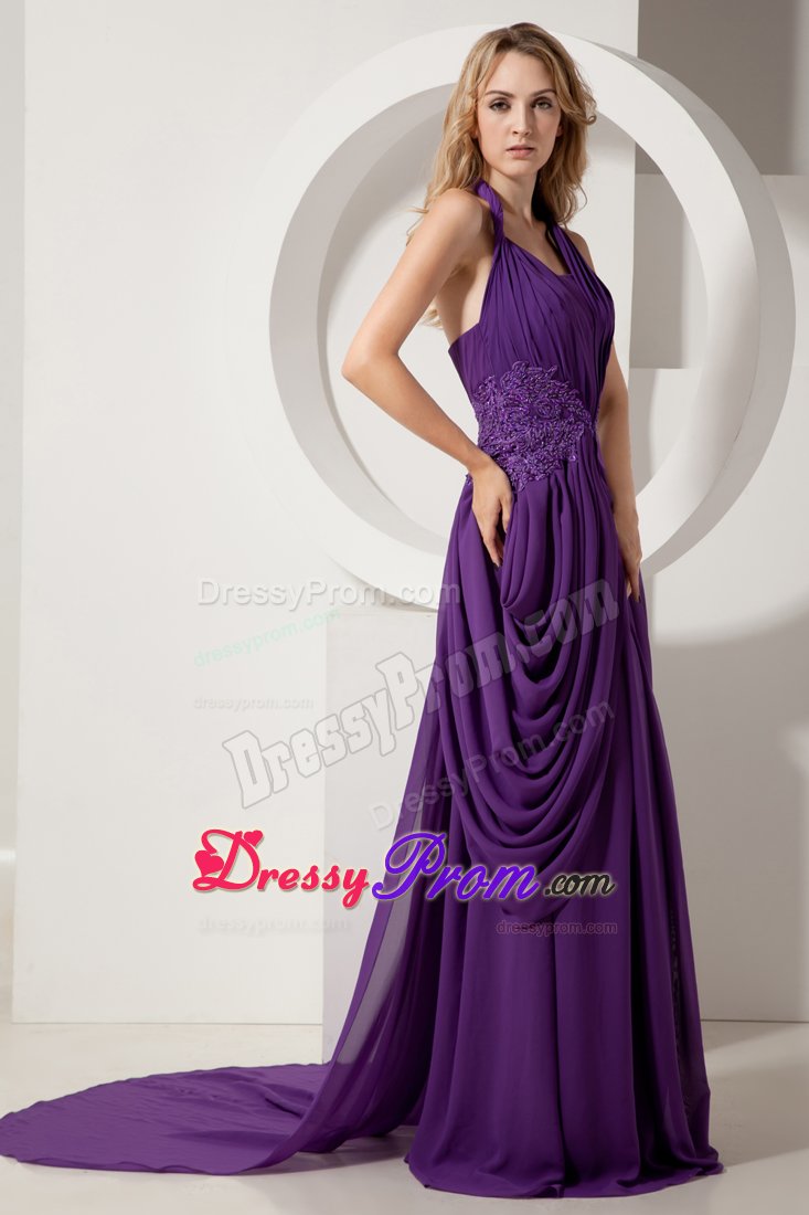 Purple Halter Top Prom Cocktail Dress Court Train with Cool Back