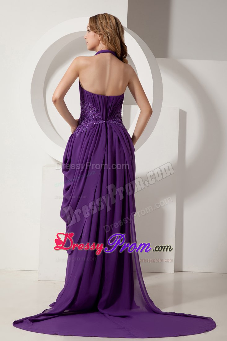 Purple Halter Top Prom Cocktail Dress Court Train with Cool Back