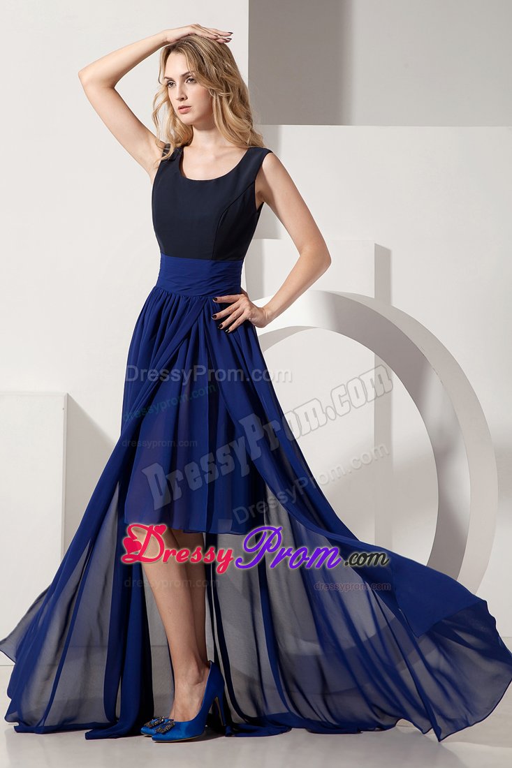 Hot Sale Scoop Neck High-low Navy Blue Prom Graduation Dress
