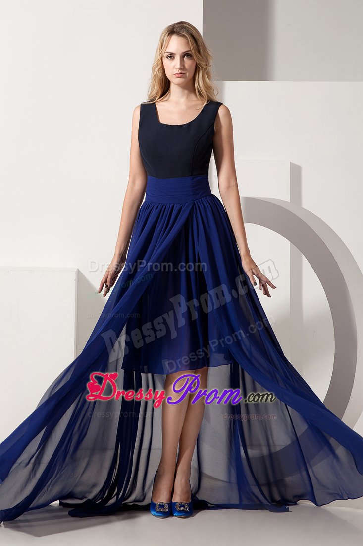 Hot Sale Scoop Neck High-low Navy Blue Prom Graduation Dress