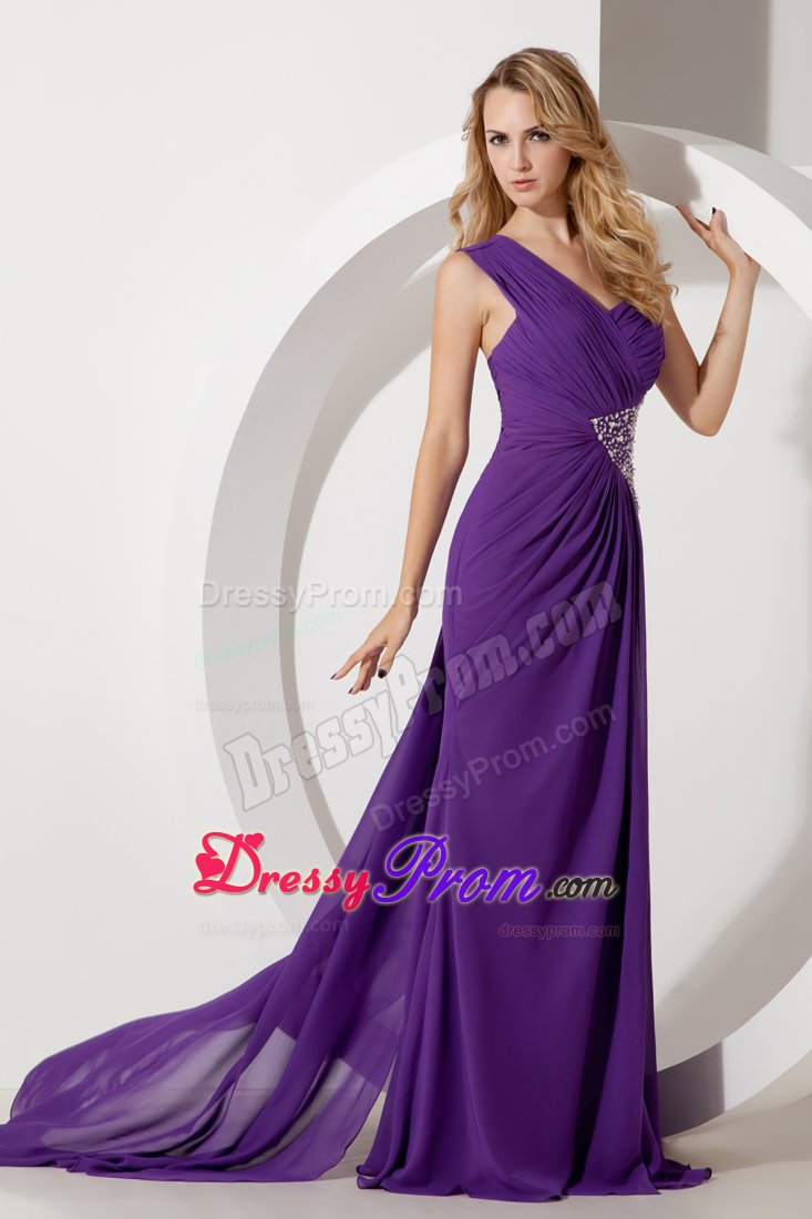 One Shoulder Ruched Beaded Purple Prom Dress with Cutouts