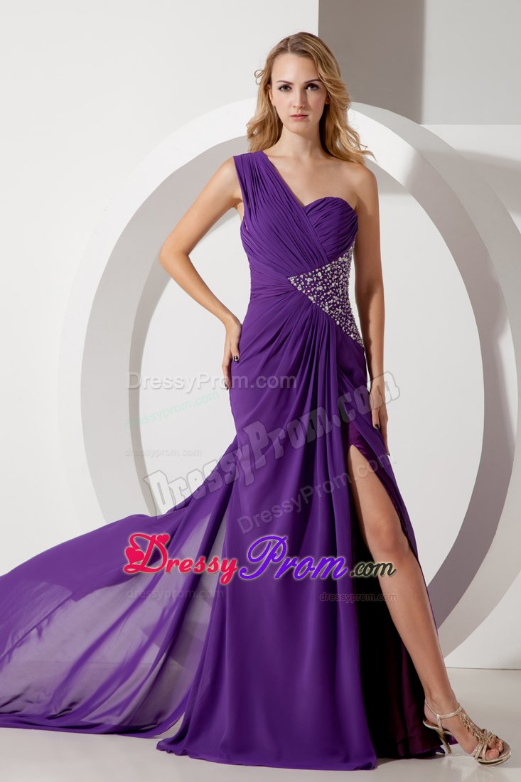 One Shoulder Ruched Beaded Purple Prom Dress with Cutouts