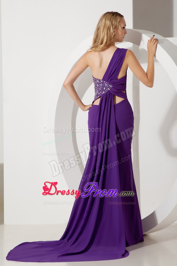 One Shoulder Ruched Beaded Purple Prom Dress with Cutouts