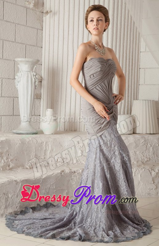 Lace Chiffon Court Train Ruched Gray Prom Dress on Promotion