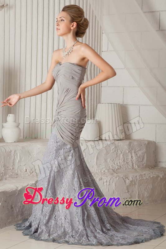 Lace Chiffon Court Train Ruched Gray Prom Dress on Promotion