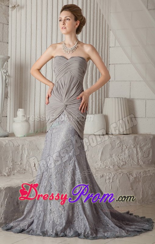 Lace Chiffon Court Train Ruched Gray Prom Dress on Promotion