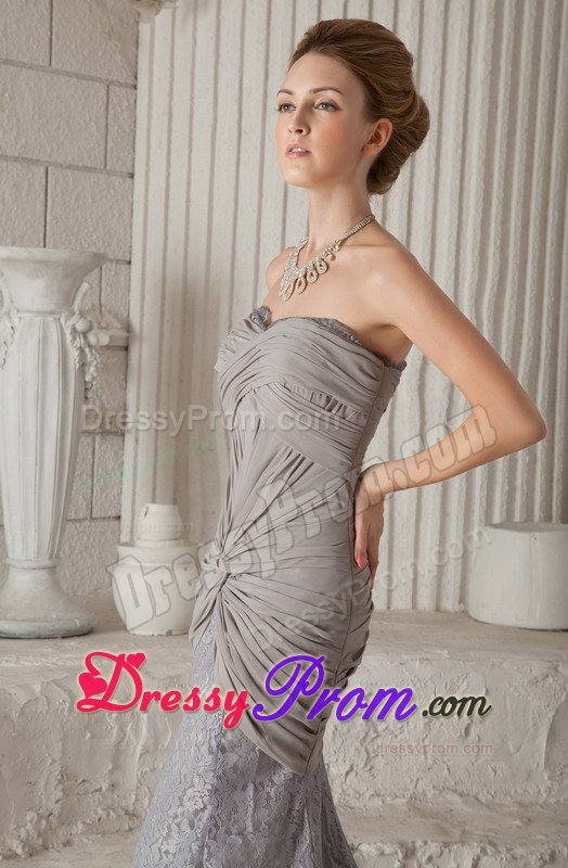 Lace Chiffon Court Train Ruched Gray Prom Dress on Promotion