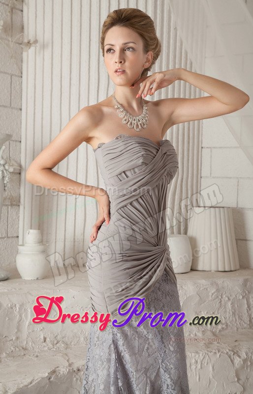 Lace Chiffon Court Train Ruched Gray Prom Dress on Promotion