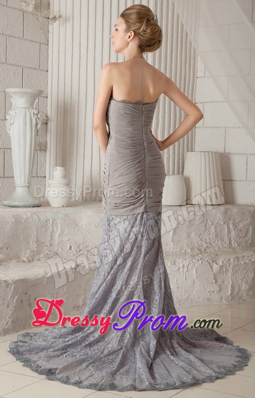 Lace Chiffon Court Train Ruched Gray Prom Dress on Promotion
